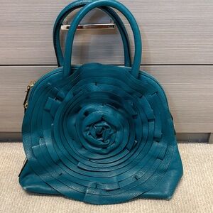 Vintage Valentino Teal Floral Leather Satchel Handbag
